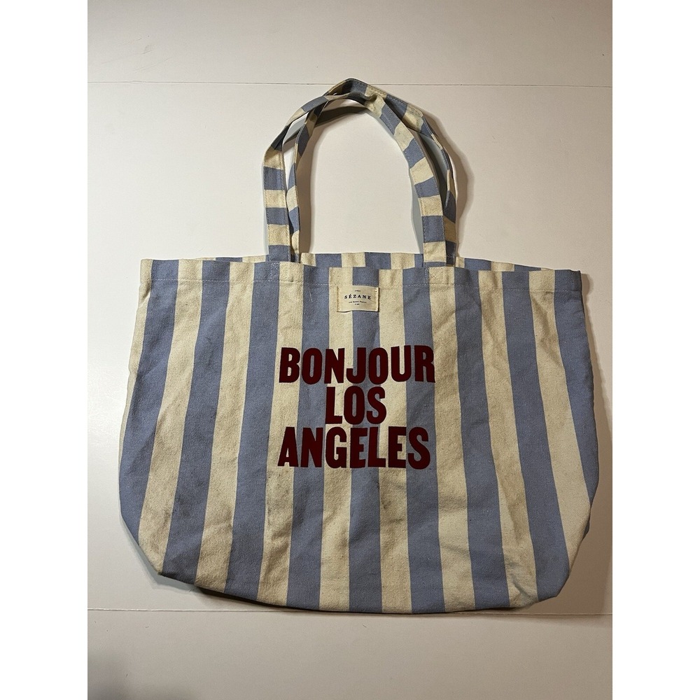 SEZANE BON JOUR Los Angeles Cotton Canvas Striped Shopping Tote Bag Blue Ivory